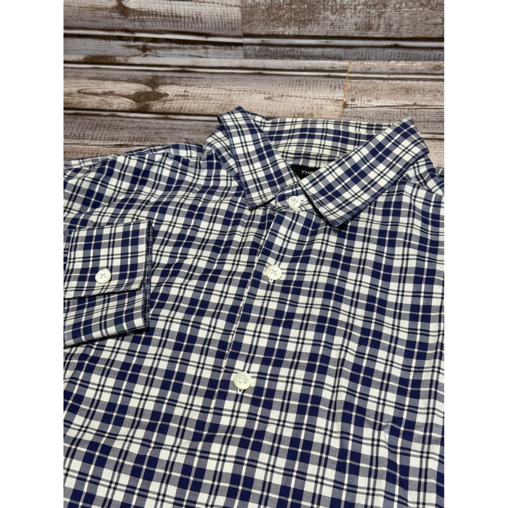 Theory Mens Long Sleeve Button Down Shirt Plaid Navy‎ White Size L